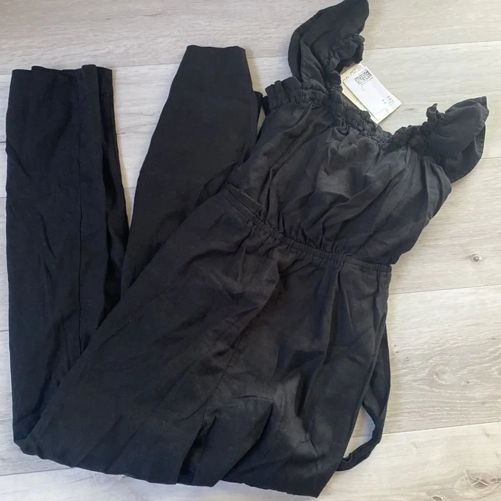 H&M‎ Linen Blend Jumpsuit Romper Ruffled Black M Nwt